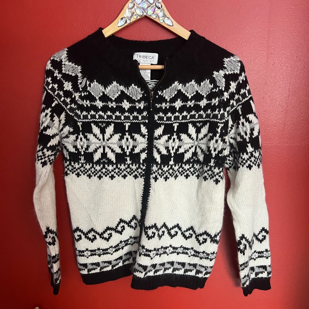Tricbeca Studio Black and White Women's Sweater zip front cardigan size M